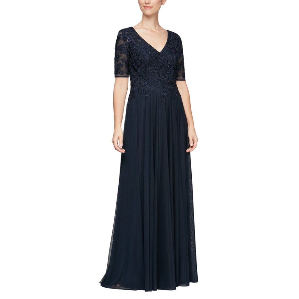 NWT Alex Evenings Long Navy Beaded 3/4 Sleeve Dress